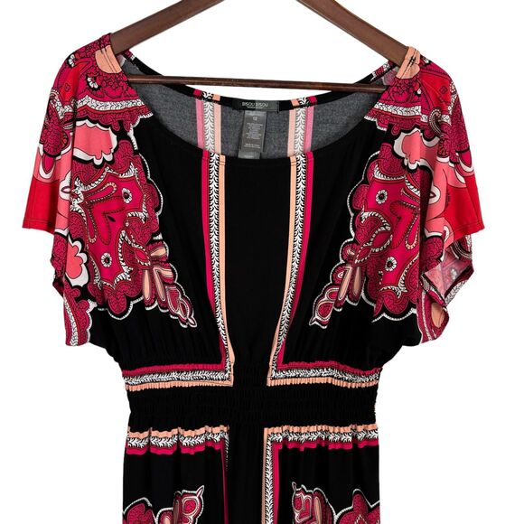 Bisou Bisou Michele Bohbot Pink Black Floral Smocked Waist Dress Women's 12 - Picture 2 of 4